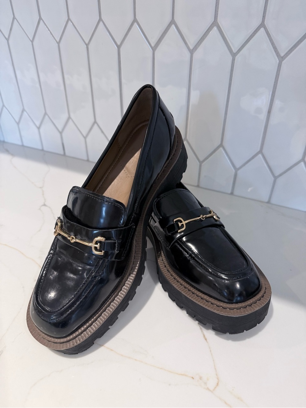 Sam Edelman Black Patent Loafers with Gold Bit and Lug Sole